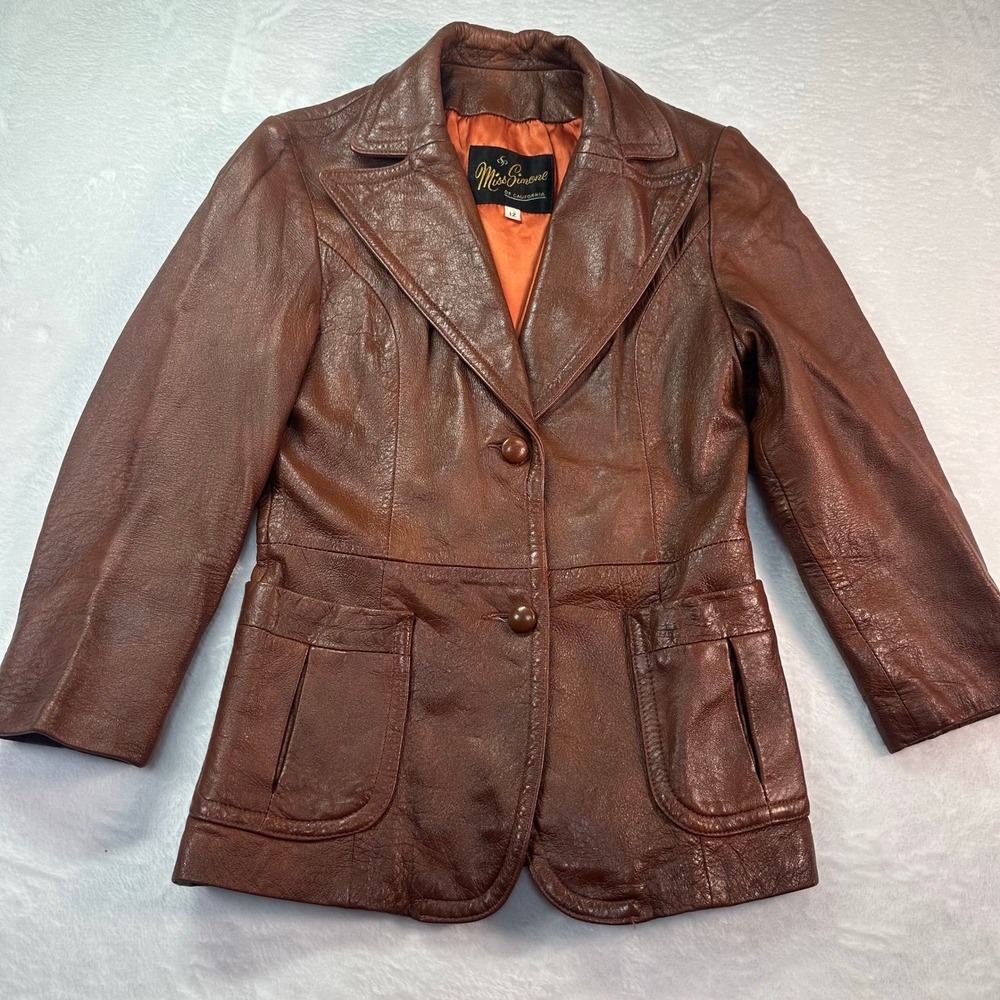 Miss‎ Simone of California Leather Jacket Womens 12 Brown Vintage 70s Blazer